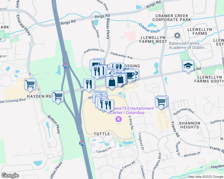 map of restaurants, bars, coffee shops, grocery stores, and more near 5061 Tuttle Crossing Boulevard in Dublin