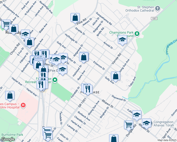map of restaurants, bars, coffee shops, grocery stores, and more near 8120 Ferndale Street in Philadelphia