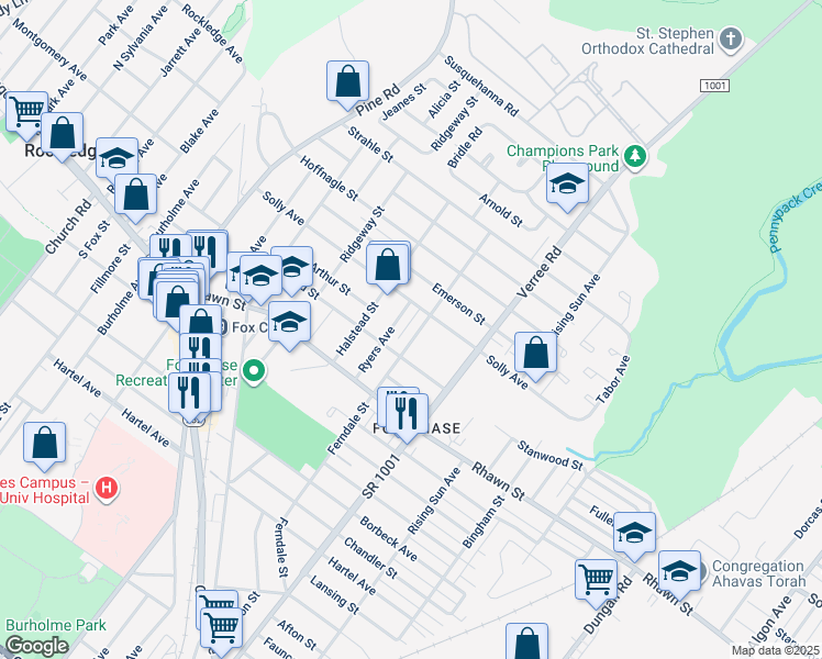 map of restaurants, bars, coffee shops, grocery stores, and more near 8120 Ferndale Street in Philadelphia