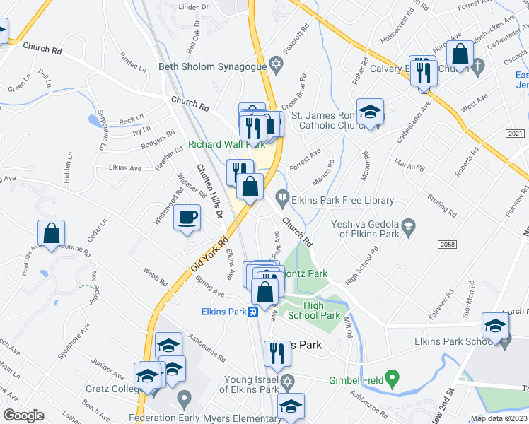 map of restaurants, bars, coffee shops, grocery stores, and more near 515 Stahr Road in Elkins Park