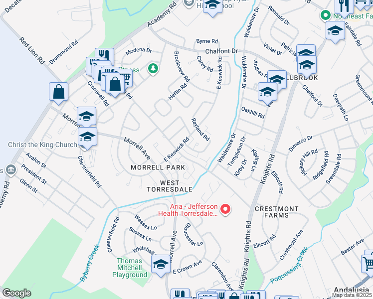 map of restaurants, bars, coffee shops, grocery stores, and more near 3610 Drumore Drive in Philadelphia