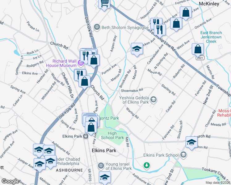 map of restaurants, bars, coffee shops, grocery stores, and more near 514 Waring Road in Elkins Park