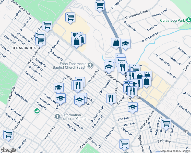 map of restaurants, bars, coffee shops, grocery stores, and more near 7955 Pickering Avenue in Philadelphia