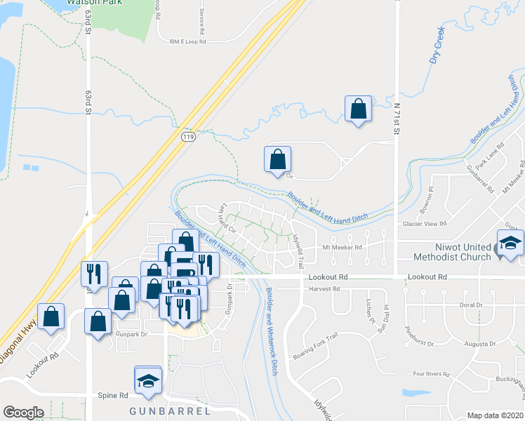 map of restaurants, bars, coffee shops, grocery stores, and more near Rim Rock Court in Boulder