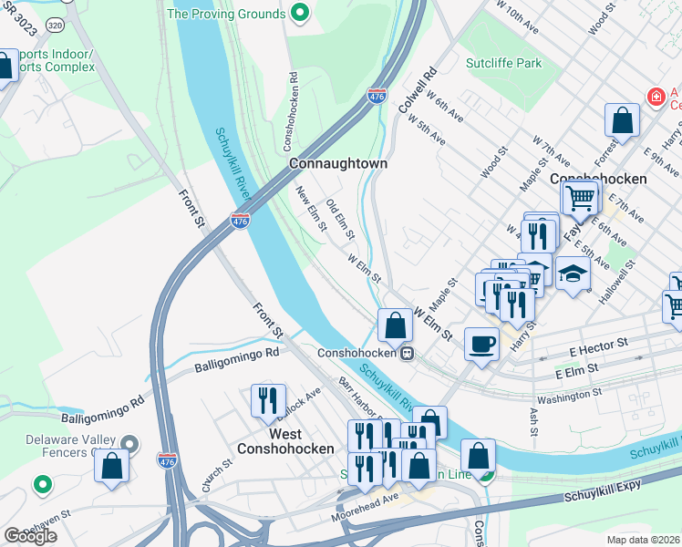 map of restaurants, bars, coffee shops, grocery stores, and more near 400 West Elm Street in Conshohocken