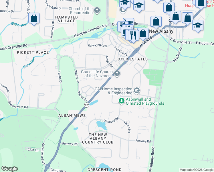 map of restaurants, bars, coffee shops, grocery stores, and more near 5930 Johnstown Road in New Albany
