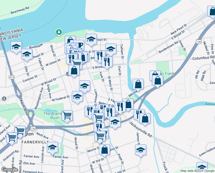 map of restaurants, bars, coffee shops, grocery stores, and more near 206 Jones Avenue in Burlington