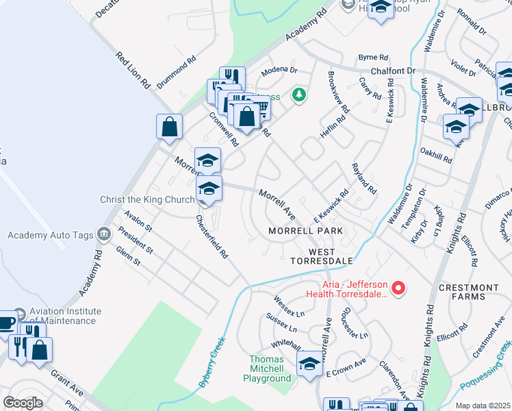 map of restaurants, bars, coffee shops, grocery stores, and more near 3319 South Keswick Road in Philadelphia