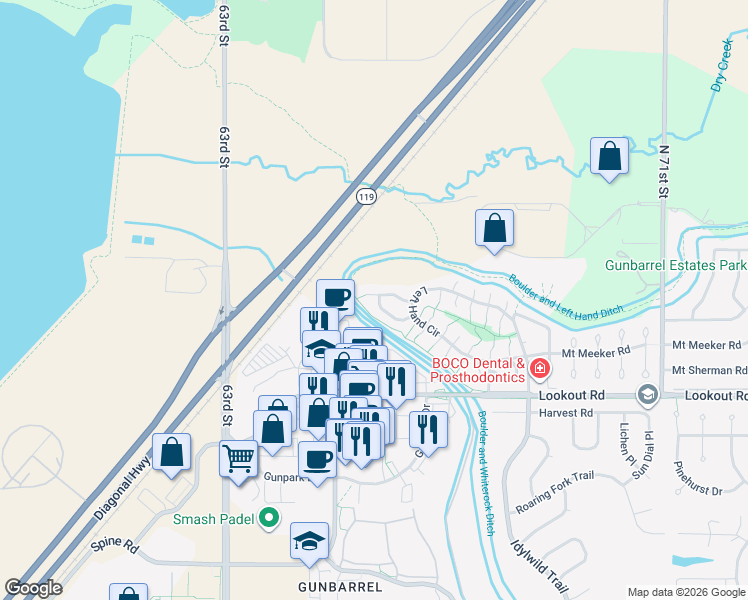 map of restaurants, bars, coffee shops, grocery stores, and more near 6636 Bean Mountain Lane in Boulder