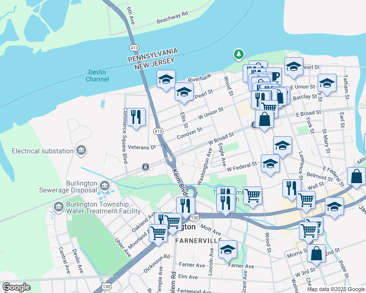map of restaurants, bars, coffee shops, grocery stores, and more near 300 West Broad Street in Burlington