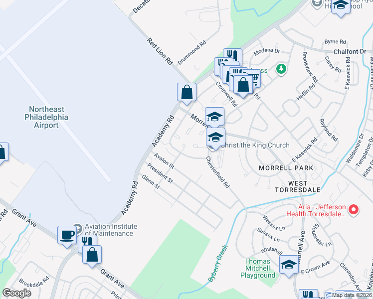 map of restaurants, bars, coffee shops, grocery stores, and more near 9940 South Canterbury Road in Philadelphia