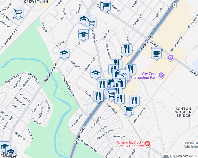 map of restaurants, bars, coffee shops, grocery stores, and more near 2128 Welsh Road in Philadelphia