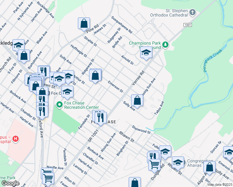 map of restaurants, bars, coffee shops, grocery stores, and more near 8206 Verree Road in Philadelphia