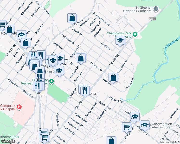 map of restaurants, bars, coffee shops, grocery stores, and more near 8131 Ferndale Street in Philadelphia