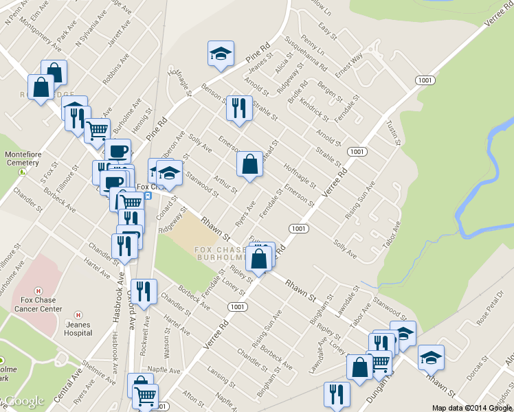map of restaurants, bars, coffee shops, grocery stores, and more near 8108 Ferndale Street in Philadelphia