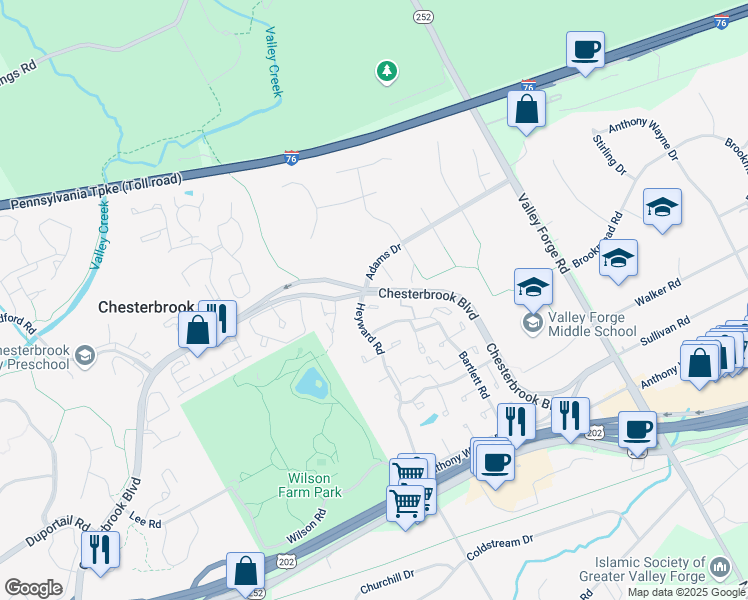 map of restaurants, bars, coffee shops, grocery stores, and more near 24 Scott Court in Chesterbrook