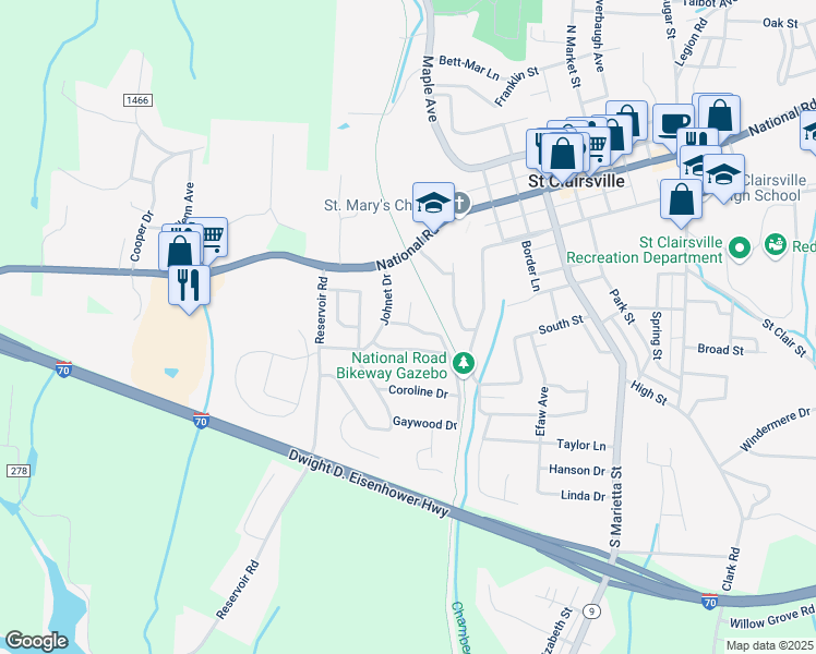 map of restaurants, bars, coffee shops, grocery stores, and more near 9 Iona Drive in Saint Clairsville