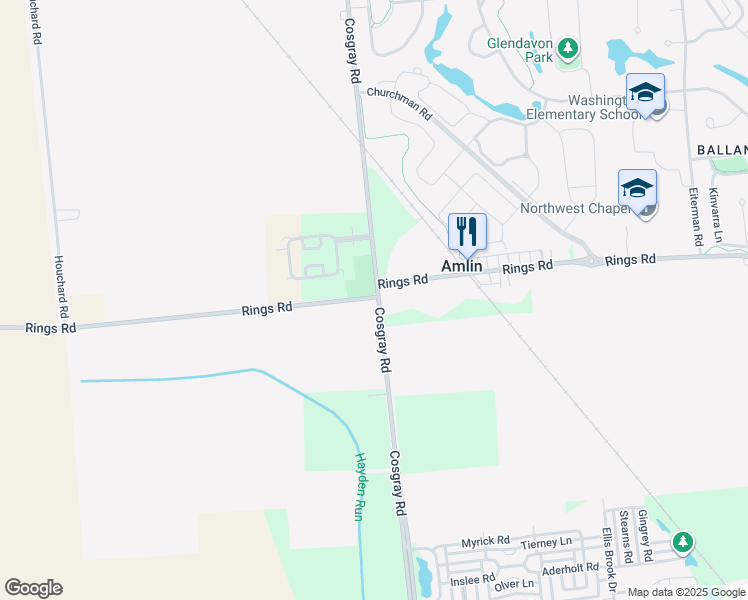 map of restaurants, bars, coffee shops, grocery stores, and more near 5441 Cosgray Road in Dublin