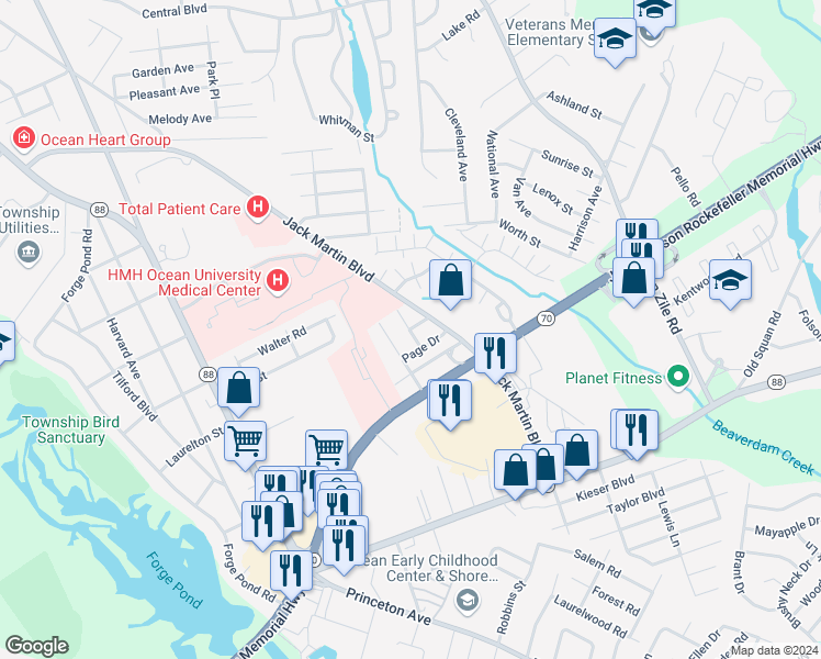 map of restaurants, bars, coffee shops, grocery stores, and more near 210 Veronica Drive in Brick