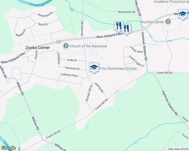 map of restaurants, bars, coffee shops, grocery stores, and more near 845 Hornig Road in Lancaster