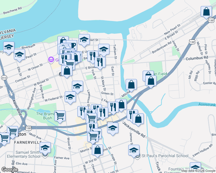 map of restaurants, bars, coffee shops, grocery stores, and more near 450 Saint Mary Street in Burlington