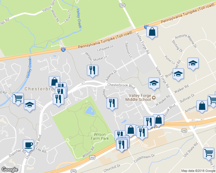 map of restaurants, bars, coffee shops, grocery stores, and more near 24 Scott Court in Chesterbrook