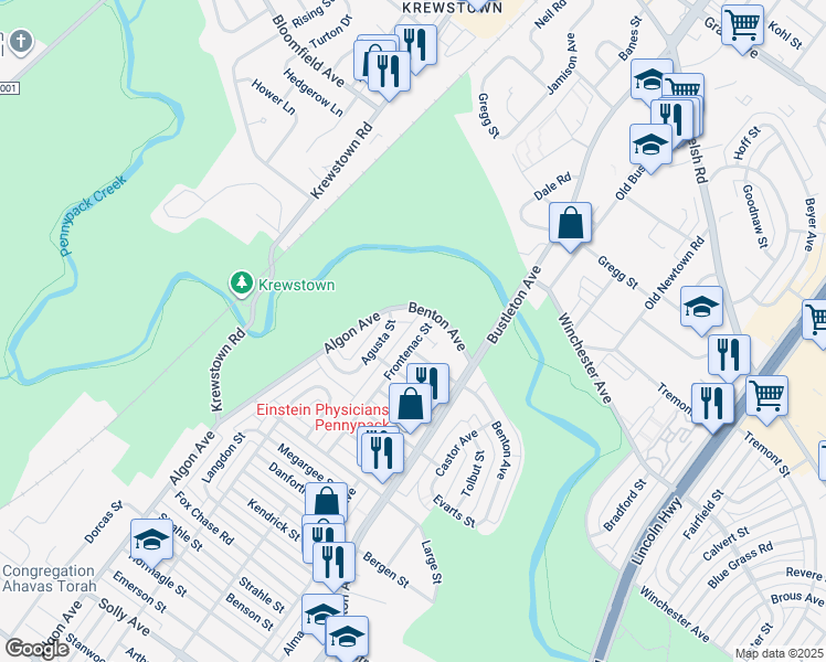 map of restaurants, bars, coffee shops, grocery stores, and more near 8730 Frontenac Street in Philadelphia