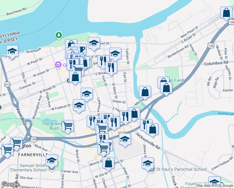 map of restaurants, bars, coffee shops, grocery stores, and more near 450 Saint Mary Street in Burlington