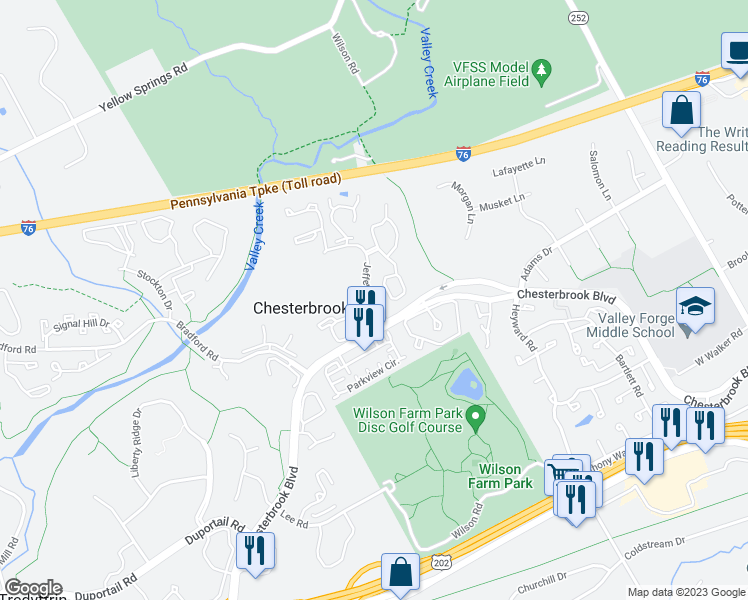 map of restaurants, bars, coffee shops, grocery stores, and more near 1796 Mountainview Drive in Chesterbrook