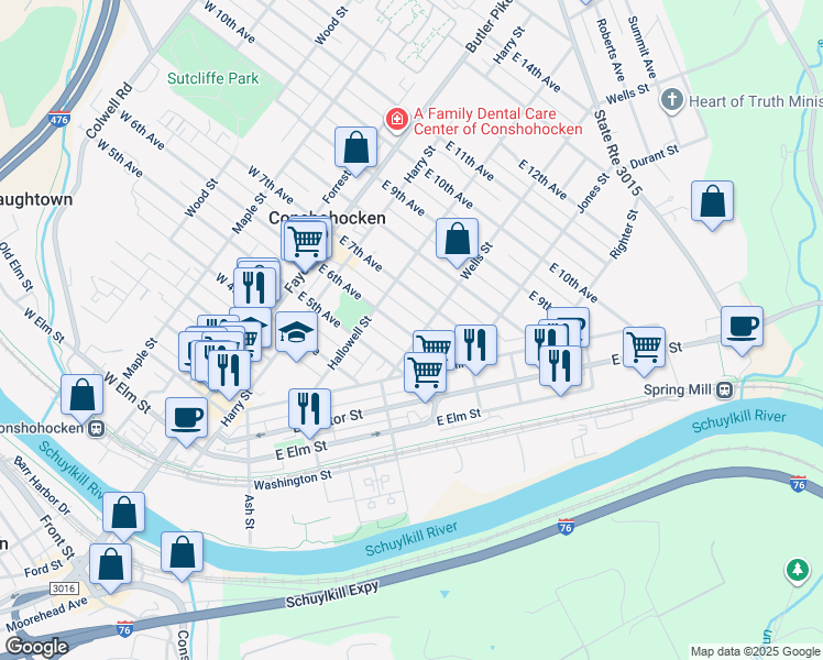 map of restaurants, bars, coffee shops, grocery stores, and more near 242 East 6th Avenue in Conshohocken