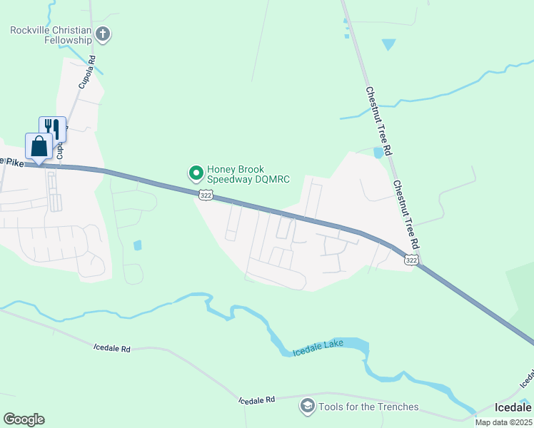 map of restaurants, bars, coffee shops, grocery stores, and more near 77 Erica Circle in Honey Brook
