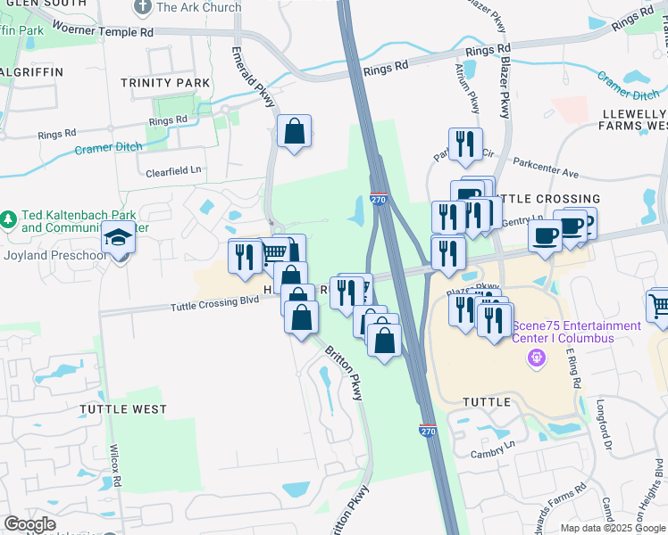 map of restaurants, bars, coffee shops, grocery stores, and more near 6060 Britton Parkway in Dublin