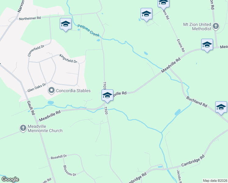 map of restaurants, bars, coffee shops, grocery stores, and more near 5891 Meadville Road in Narvon
