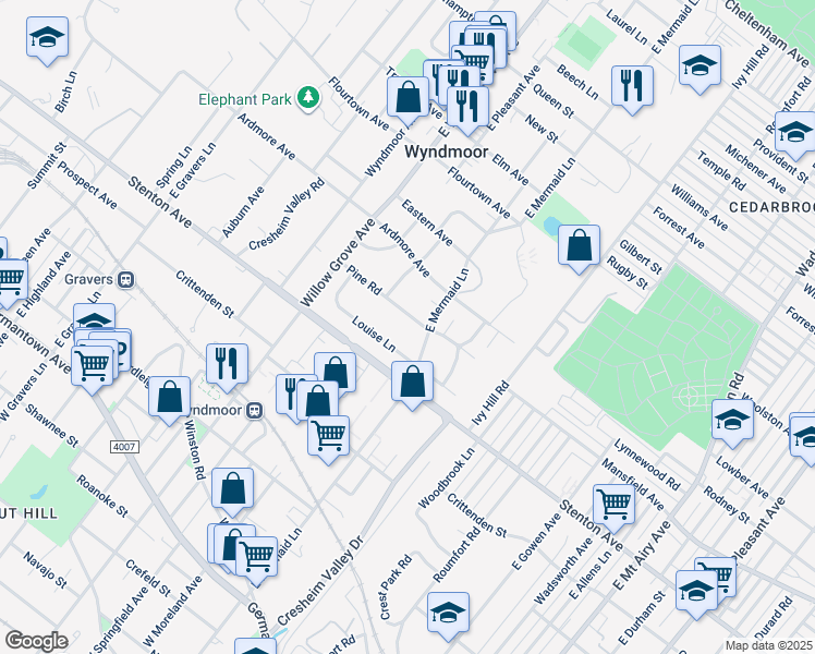map of restaurants, bars, coffee shops, grocery stores, and more near 7804 Pine Road in Wyndmoor