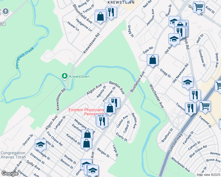 map of restaurants, bars, coffee shops, grocery stores, and more near 8730 Frontenac Street in Philadelphia
