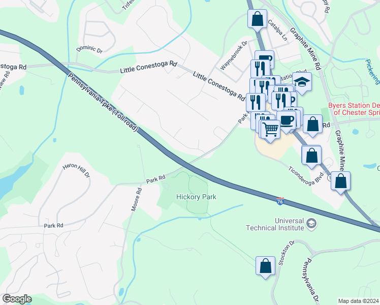 map of restaurants, bars, coffee shops, grocery stores, and more near 104 Heather Hill Drive in Downingtown