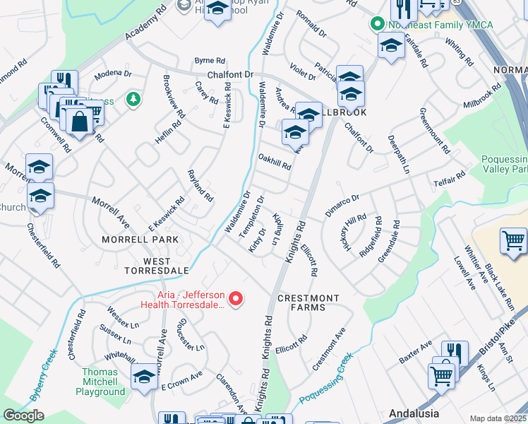 map of restaurants, bars, coffee shops, grocery stores, and more near 10966 Kipling Lane in Philadelphia