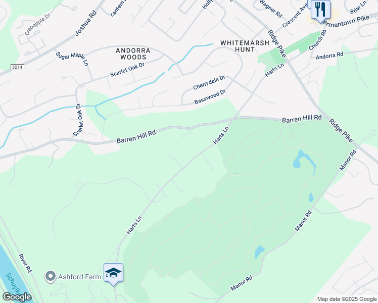 map of restaurants, bars, coffee shops, grocery stores, and more near 2161 Harts Lane in Conshohocken