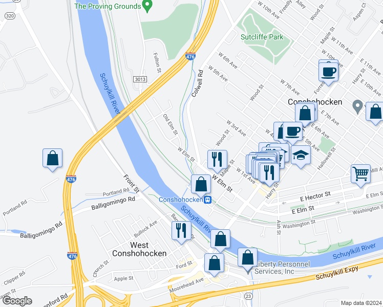 map of restaurants, bars, coffee shops, grocery stores, and more near 375 West Elm Street in Conshohocken