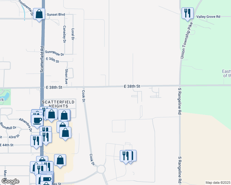 map of restaurants, bars, coffee shops, grocery stores, and more near 2915 East 38th Street in Anderson