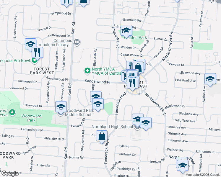 map of restaurants, bars, coffee shops, grocery stores, and more near 5275 Sandalwood Court in Columbus