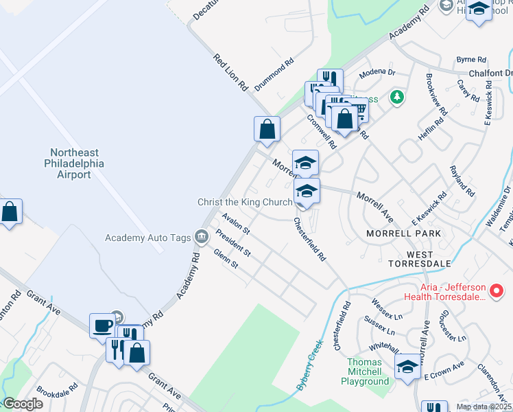 map of restaurants, bars, coffee shops, grocery stores, and more near 9979 South Canterbury Road in Philadelphia