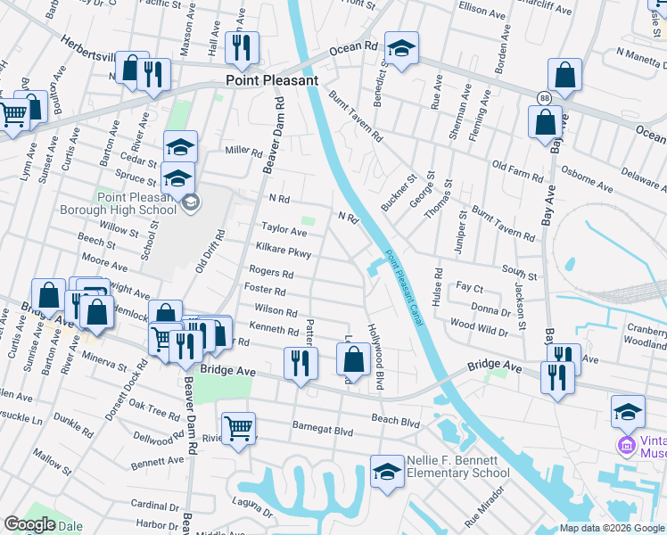 map of restaurants, bars, coffee shops, grocery stores, and more near 2117 Rogers Road in Point Pleasant