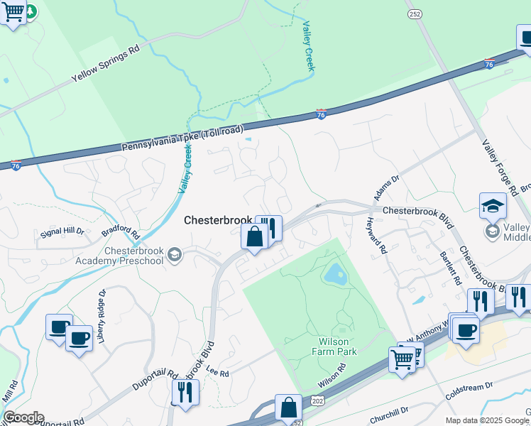 map of restaurants, bars, coffee shops, grocery stores, and more near 1708 Mountainview Drive in Chesterbrook