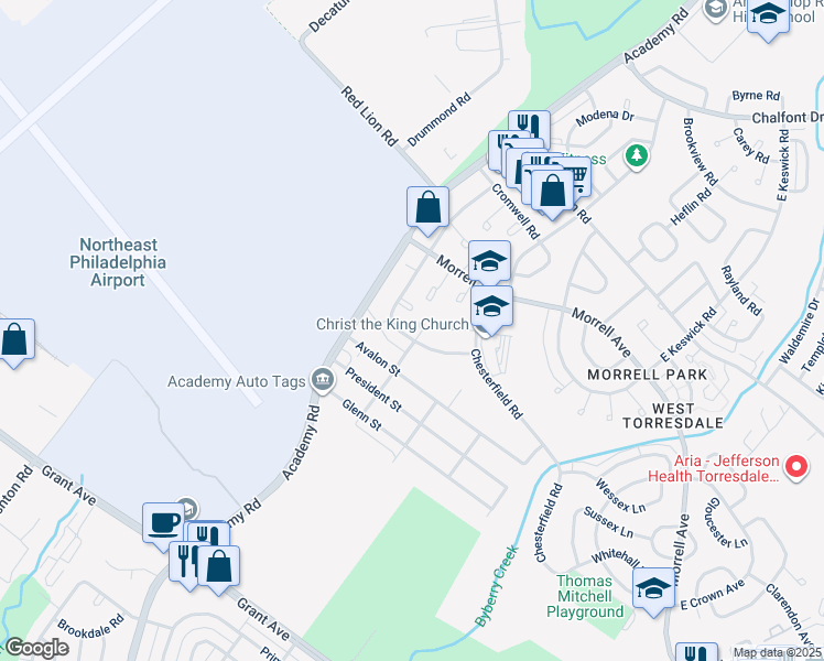 map of restaurants, bars, coffee shops, grocery stores, and more near 9979 South Canterbury Road in Philadelphia