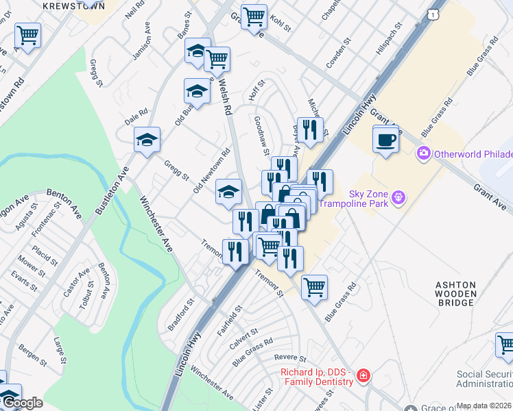 map of restaurants, bars, coffee shops, grocery stores, and more near 2128 Welsh Road in Philadelphia
