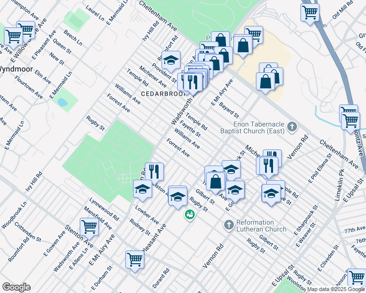 map of restaurants, bars, coffee shops, grocery stores, and more near 8255 Forrest Avenue in Philadelphia