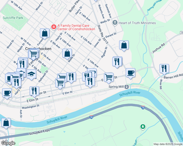 map of restaurants, bars, coffee shops, grocery stores, and more near 503 East 9th Avenue in Conshohocken