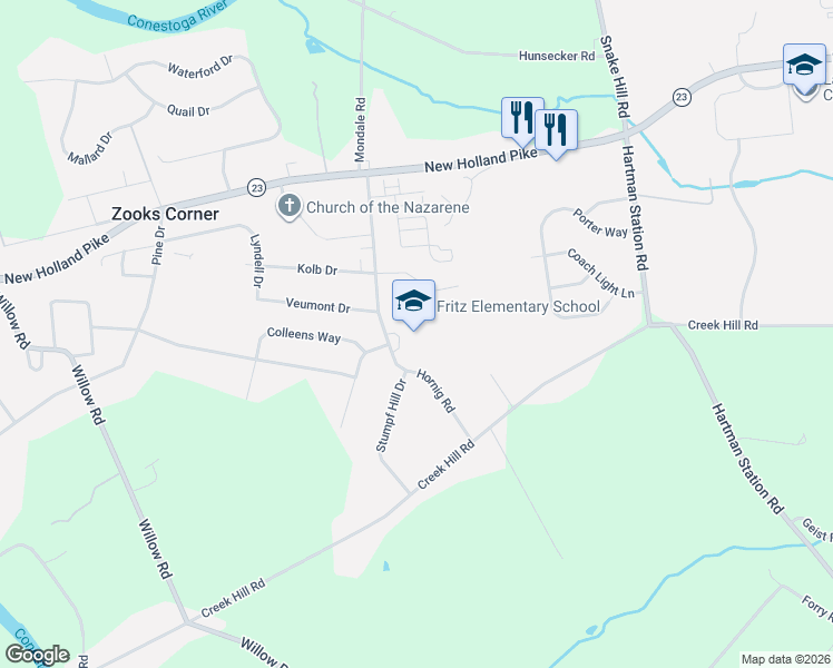 map of restaurants, bars, coffee shops, grocery stores, and more near 845 Hornig Road in Lancaster