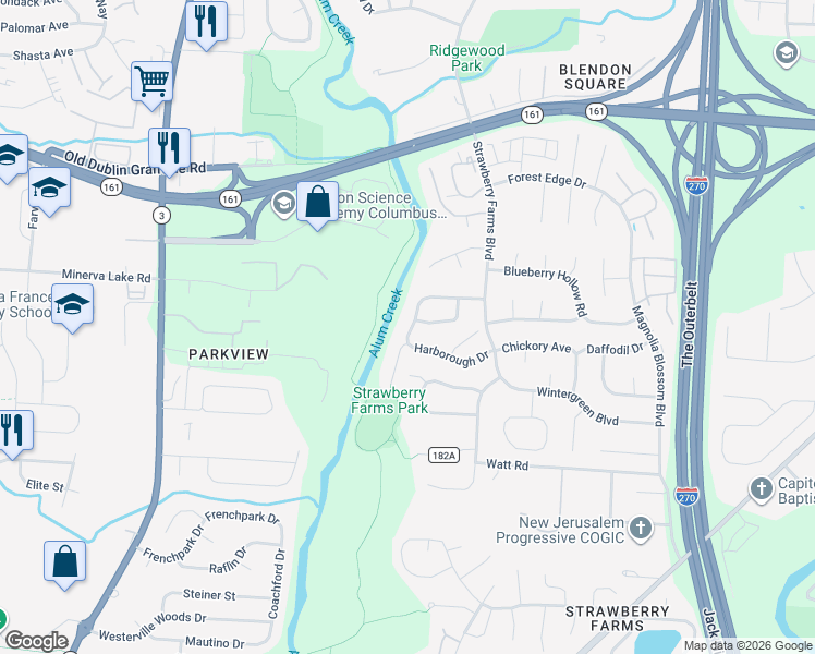 map of restaurants, bars, coffee shops, grocery stores, and more near 3704 Harborough Drive in Columbus